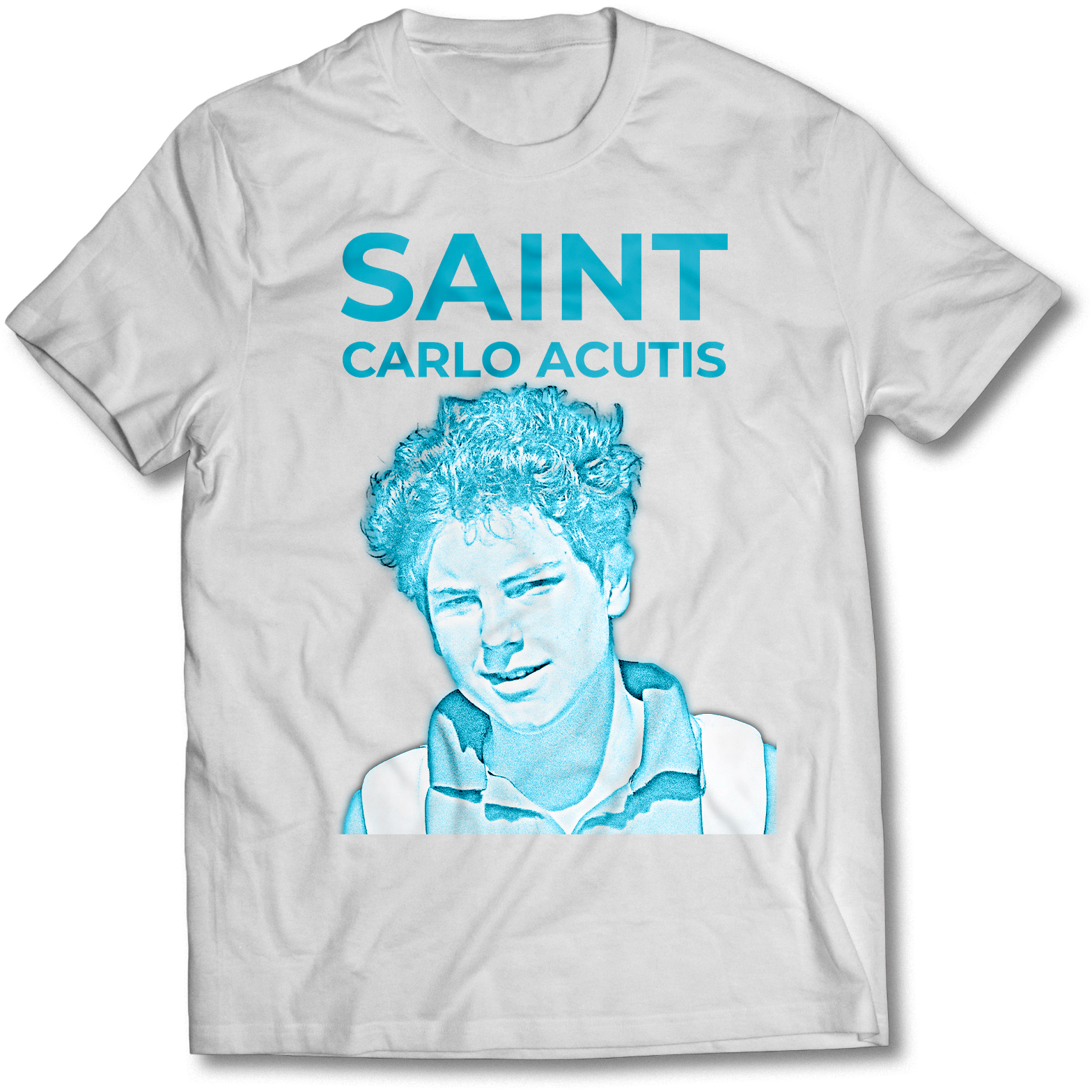 A white t-shirt with blue outline portrait of saint carlo acutis