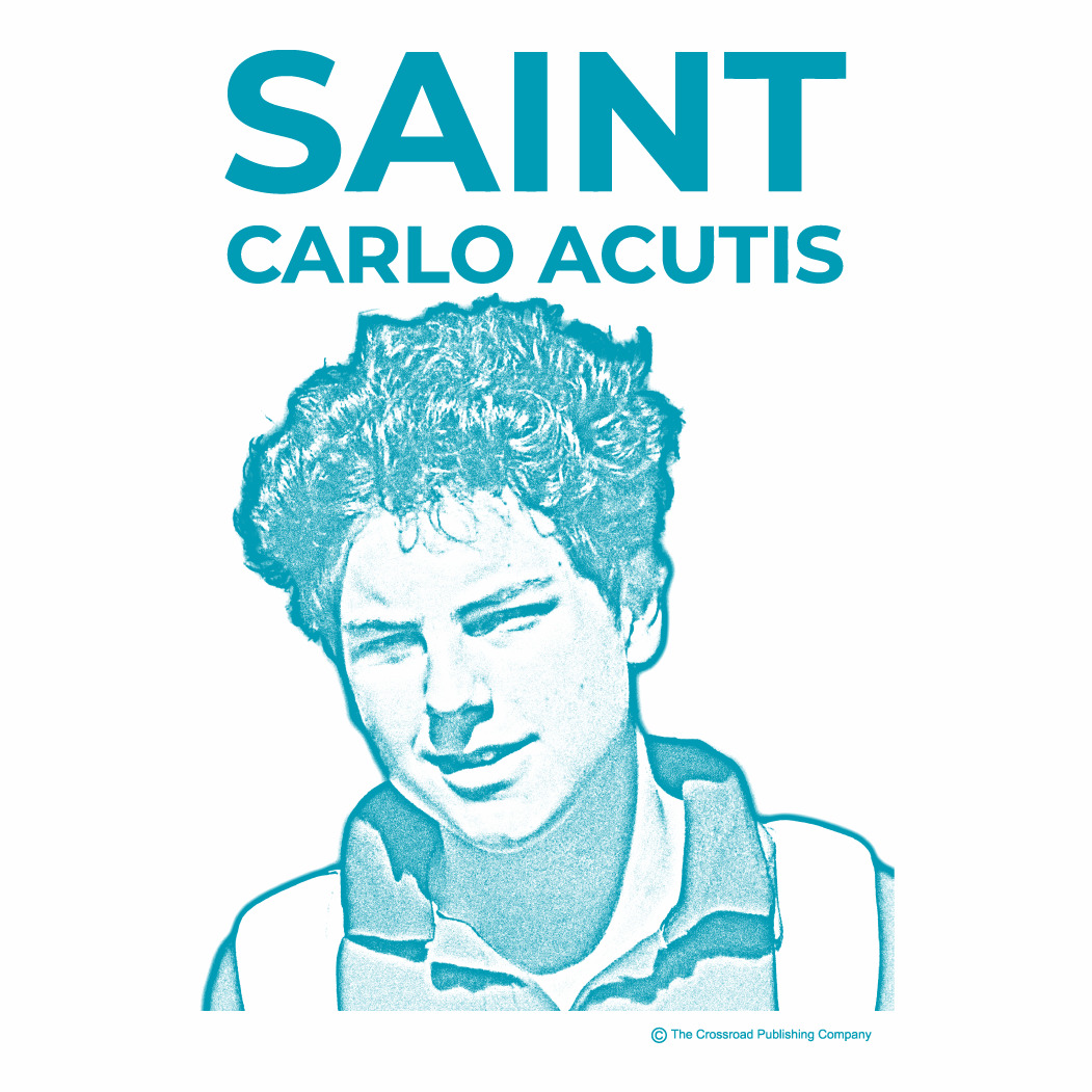 A white t-shirt design with a blue outline portrait of saint carlo acutis